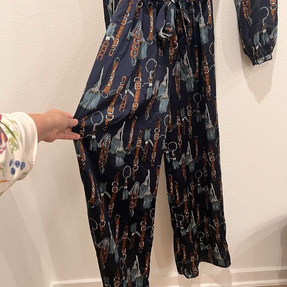 Fashion Nova The Entertainer Satin Jumpsuit Navy Sz XS Chain Tassel Print Rodeo - Picture 5 of 15